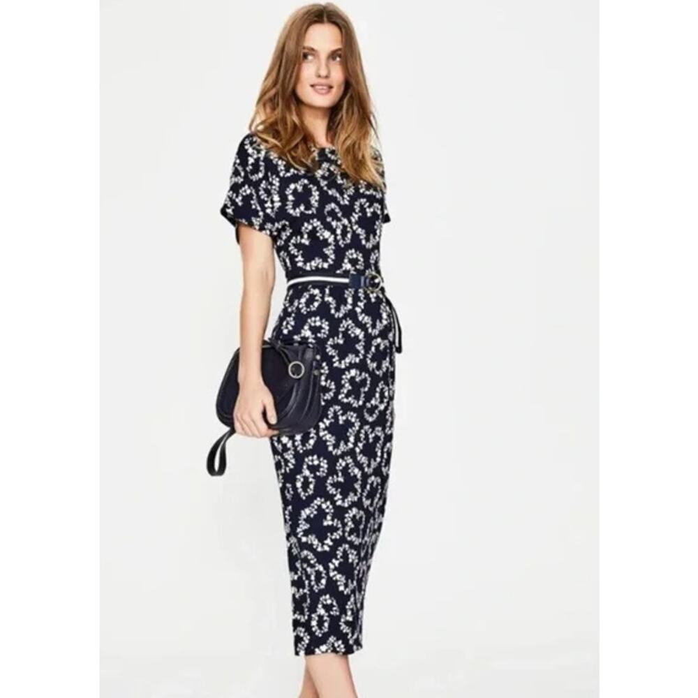 Boden Vanessa Jersey Midi Dress Floral Crew Neck Short Sleeve Blue White